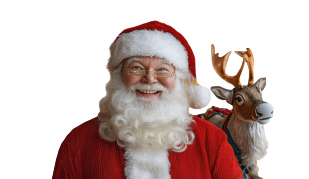 Joyful Santa Claus with reindeer bringing Christmas cheer on a festive holiday season isolated on transparent background