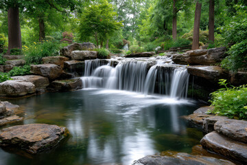 Obraz premium Waterfall cascades over rocks in lush green forest