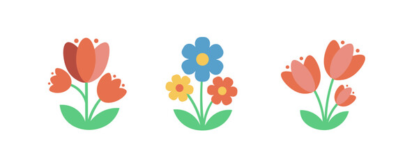 Flower spring vector flat cartoon icon set. Floral plant garden spring abstract flower element simple isolated icon collection