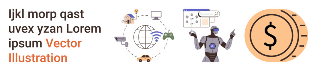 Artificial intelligence, fintech, automation, online connectivity, smart technology, future innovation. Robot interacting with icons of the internet, devices and a currency coin. Artificial