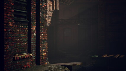Soft light filters through a derelict urban space, casting shadows on weathered brick walls. Mysterious atmosphere surrounds an empty area, evoking curiosity and a sense of history.