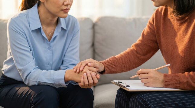 Two women providing emotional support and taking notes during consultation at home.