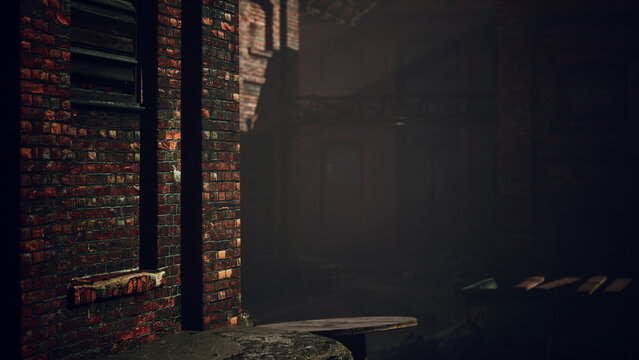 Soft light filters through a derelict urban space, casting shadows on weathered brick walls. Mysterious atmosphere surrounds an empty area, evoking curiosity and a sense of history.
