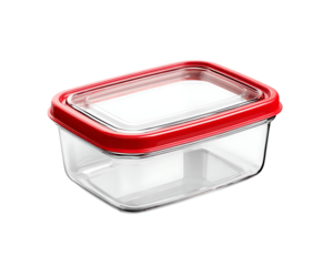 An empty rectangular glass food storage container with a red airtight plastic lid, isolated on a white background.