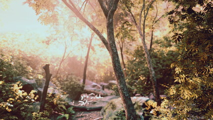 Sunlight cascades through a canopy of lush leaves, casting a warm glow on a serene forest trail lined with rocks and blooming flora, inviting exploration and peace.