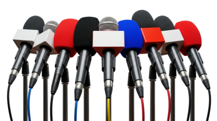 Media Microphones Lined Up on Stands for Press Conference