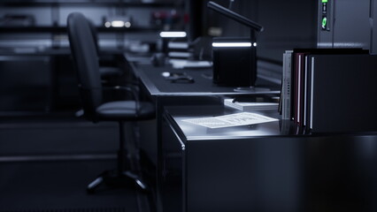 An elegantly designed workspace features a sleek desk, a rolling chair, and organized files, all bathed in soft evening light that accentuates its contemporary furnishings and tranquil vibe.