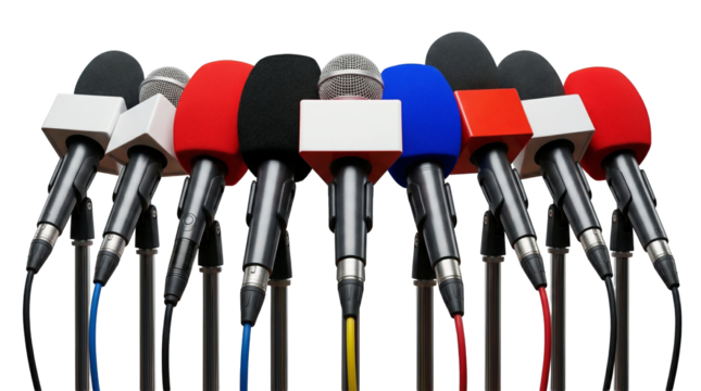 Media Microphones Lined Up on Stands for Press Conference