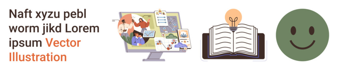 Online learning, team collaboration, virtual education, creativity, knowledge sharing, emotional well-being. Desktop screen with group visuals, book with lightbulb smiling face. Online learning