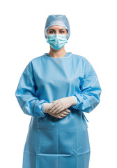 A medical professional wearing blue surgical gown face mask gloves and cap standing ready for procedure isolated on transparent background