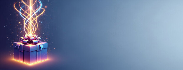 Gift Box Emitting Luminous Ribbon-Like Energy Streams on a Cool Gradient Background