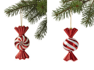 Festive red and white swirl candy cane christmas ornaments hanging from pine branch, traditional and sweet holiday decoration concept