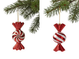 Festive red and white swirl candy cane christmas ornaments hanging from pine branch, traditional and sweet holiday decoration concept