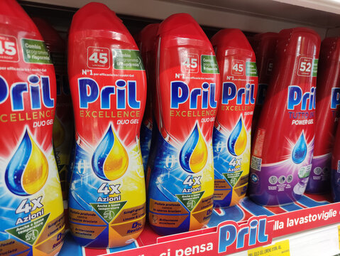 Rome, Italy - November 29, 2025: Pril Excellence Duo Gel bottles displayed on supermarket shelf, showcasing vibrant packaging and cleaning power for effective dishwashing solutions