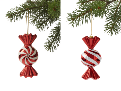 Festive red and white swirl candy cane christmas ornaments hanging from pine branch, traditional and sweet holiday decoration concept