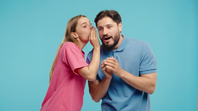 Gossiper Woman Whispers In boyfriends Ear Secret, Rumors, Gossips, Blue Studio