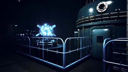 A sleek, modern energy chamber filled with blue luminous light creates a captivating atmosphere, surrounded by high tech machinery in a shadowy industrial environment.