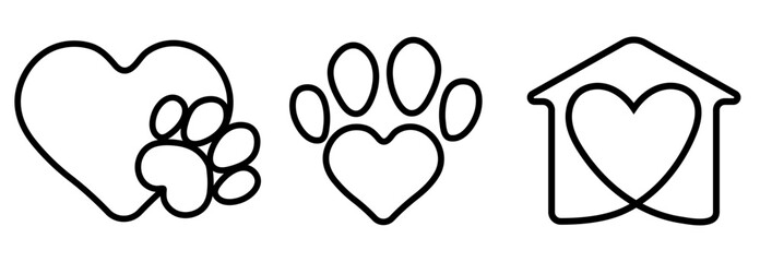 Simple linear icons set for pet care, adoption, home, love. Symbols include heart with paw print, paw print with heart, and heart in a house silhouette. Cat or dog pet icons.