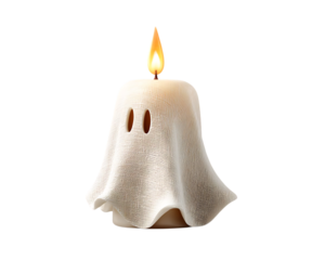 A whimsical candle shaped like a ghost, with a flame burning brightly.