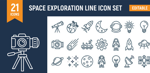 Space exploration line icon set featuring telescopes, rockets, astronauts, planets, satellites, and UFO designs for creative projects and digital illustrations.