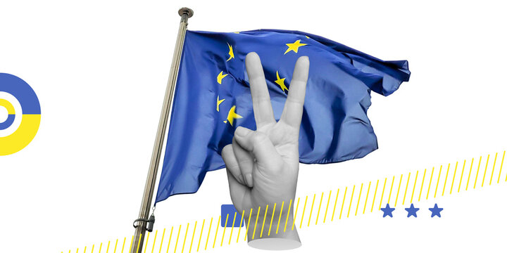 Peace, unity and European cooperation. Hand showing victory sign against waving EU flag with abstract geometric elements. Minimalist Art Collage