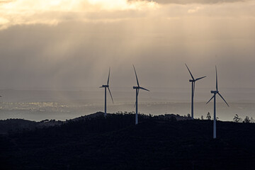Obraz premium Wind Turbines Over Hills at Sunset 