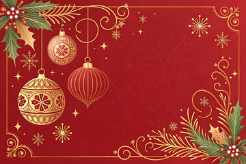 Festive Christmas Ornaments and Holly on Elegant Red Background for Holiday Greetings and Seasonal Celebrations, Perfect for Cards and Decorations