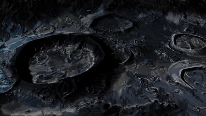 Cratered terrain reveals the rugged and dark landscape of a remote moon. A tranquil yet eerie atmosphere envelops this celestial body, inviting curiosity and wonder.