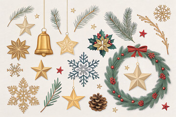 Elegant Christmas Elements with Golden Stars and Greenery for Festive Holiday Designs, Bringing Cheer and Warmth to Your Seasonal Projects