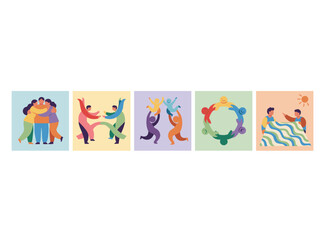Fototapeta premium A concept set of information exchange, communication, sharing, and opinion building featuring people depicted with abstract shapes, where creative ideas flow to solve tasks, illustrated as a flat