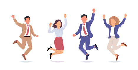 Happy business character people office team. Cartoon happy business person jump flat employee success joy illustration.