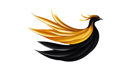 Elegant Black and Gold Decorative Bird Element on Transparent Background