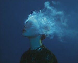 surreal blue portrait with ethereal smoke forming from the head dark aesthetic portrait
