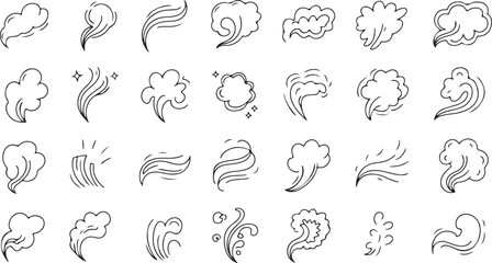 Multiple handdrawn style smoke and steam cloud outlines fill the seamless pattern on white