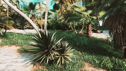 A tranquil tropical garden filled with lush greenery and palm trees under a bright blue sky. Sunlight dances on the leaves, creating a serene atmosphere perfect for relaxation.