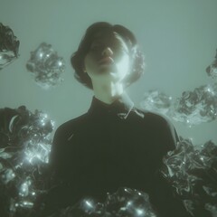 surreal portrait surrounded by floating metallic shapes in soft light grunge portrait