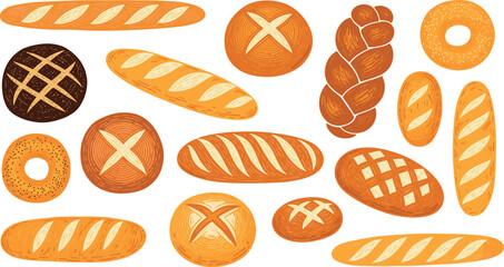 Set of assorted bakery bread illustrations including baguette buns rolls loaves and pastries in rustic hand-drawn vector style