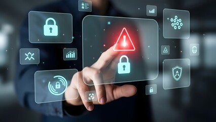 Cybersecurity threat detection concept with hand interacting with digital warning interface elements.