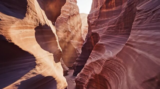Sunlight filtering into a narrow slot canyon with sculpted sandstone walls