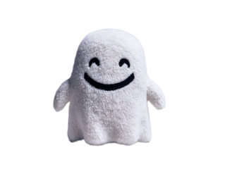 A fluffy white ghost plush toy with a happy smiley face.