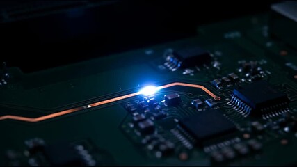 A bright pulse of electrical energy moves along the tracks of a printed circuit board illuminating chips and components with cold blue neon light - Powered by Adobe