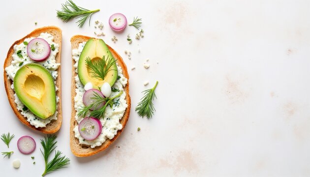Avocado toast with cottage cheese and radish, healthy breakfast flat lay with herbs and seeds on light background, minimal food styling