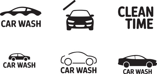 This shows diverse monochrome car wash icons with automotive themes and text