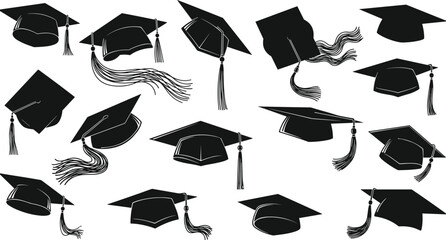 Collection of graduation cap silhouettes featuring various mortarboard designs with tassels, ideal for academic celebration graphics, ceremony decoration, and vector artwork
