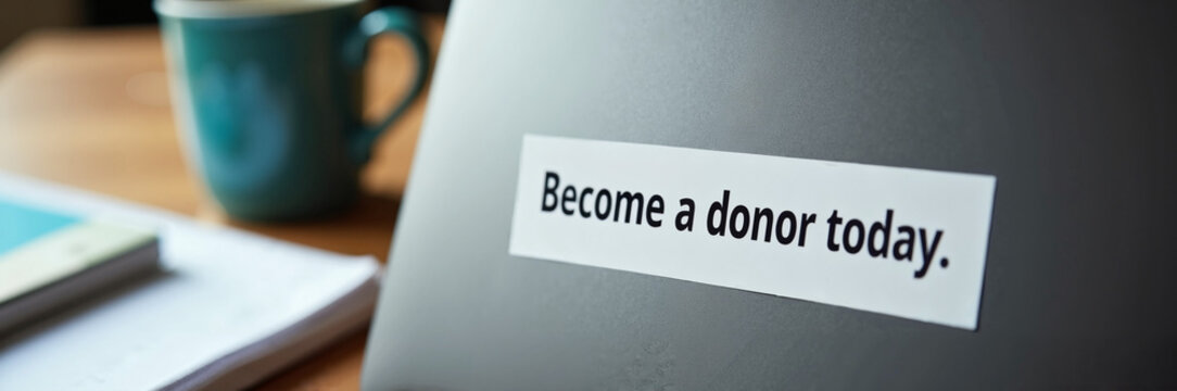 Become a donor today displayed on laptop with cup of tea and notebook. Become a donor today reminder encourages support of charitable causes and organizations. - Powered by Adobe