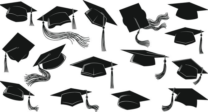 Collection of graduation cap silhouettes featuring various mortarboard designs with tassels, ideal for academic celebration graphics, ceremony decoration, and vector artwork