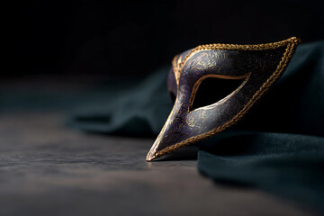 carnival mask design, close-up of opulent mardi gras mask in gold, purple, and green, with dramatic lighting capturing the carnival vibes
