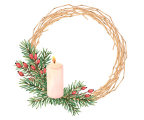Christmas wreath with Candle and fir branches. Christmas decoration with candle and Christmas tree. Watercolor xmas illustration for new year greeting cards. Christmas round chaplet for designs