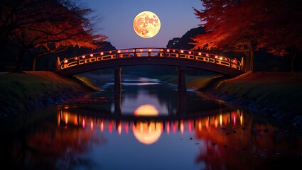 Obraz premium Japanese bridge and full moon over calm water reflection