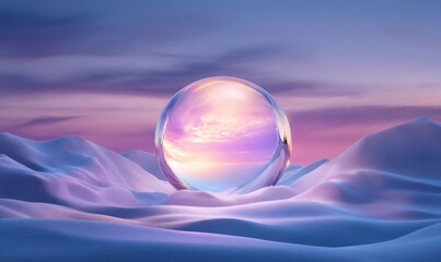 Crystal ball resting on snowy hills, capturing a beautiful sunset with vibrant purple and orange clouds. Fantasy and abstract concept